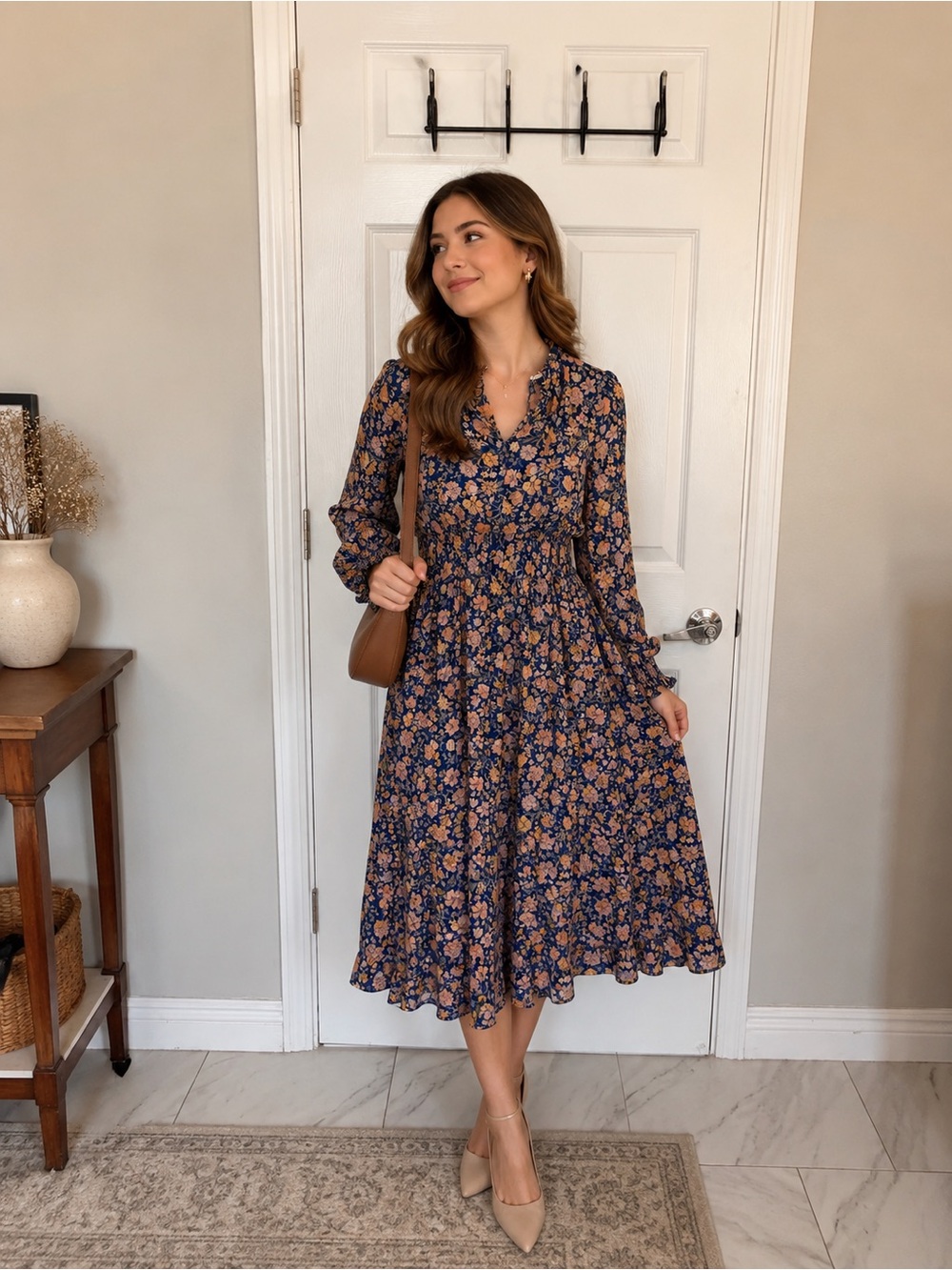 Levi's Navy Floral Long-Sleeve Midi Dress with Mustard Blooms